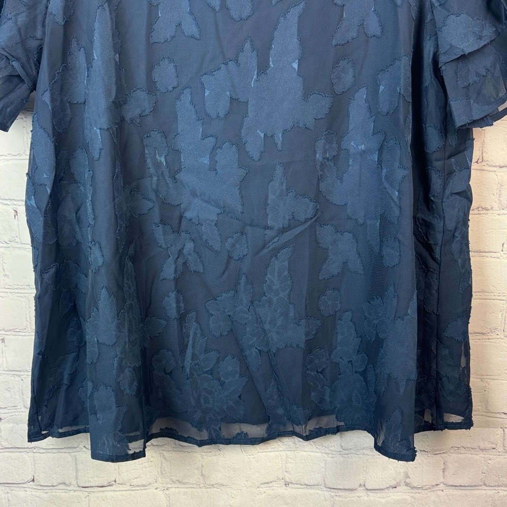 BloomChic Blue Floral Sheer Overlay Double Ruffle Sleeve Top Size Large 12 - Picture 7 of 9
